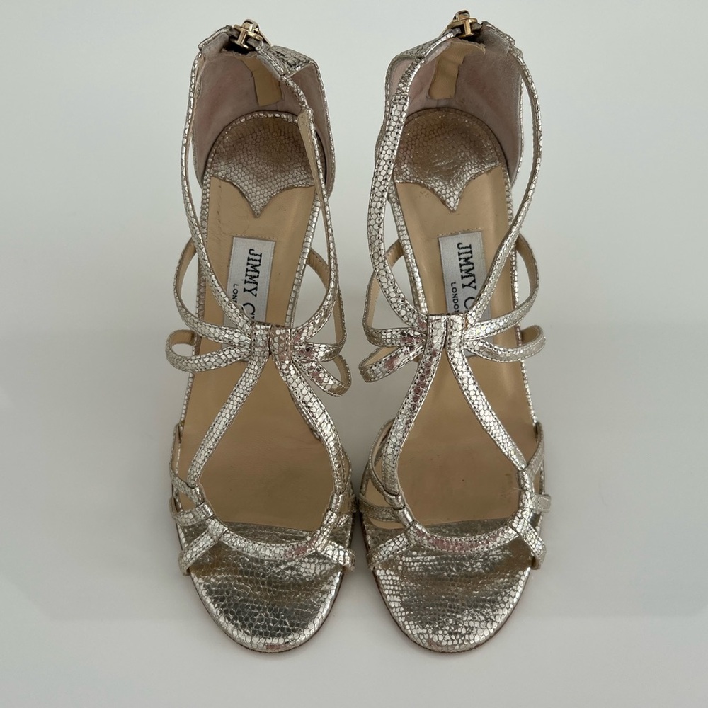 JIMMY CHOO CRACKLED GOLD LEATHER SANDAL SIZE 37.5 / US 7.5
